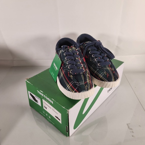 Tretorn Women's Nylite Plus Tartan Sneaker Plaid Navy Green 6 M - Picture 2 of 7